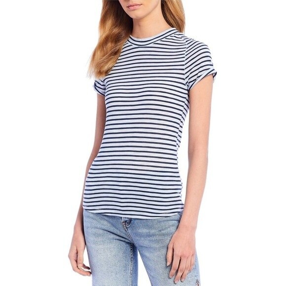 Free People blue top  Night Sky Stripe Knit Mock neck short sleeve tee size XS - Picture 2 of 8